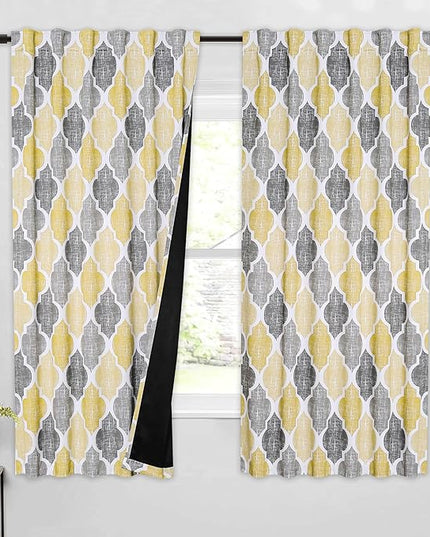 Beauoop 100% Blackout Curtains 63 Inches Long 2 Panels for Bedroom Living Room Yellow Grey Moroccan Geo Room Darkening Thermal Insulated Soundproof Rod Pocket Back Tab Window Treatments Drapes, 50x63
