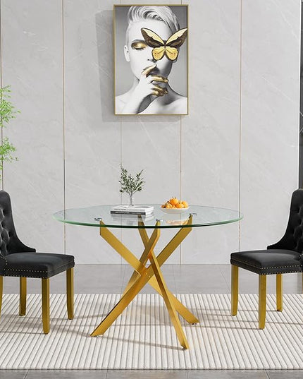 HomVent 3 Piece Round Glass Dining Table Set, Tempered Glass Dinner Table Set for 2 Kitchen Table Set with 2 Velvet Upholstered Chairs for Kitchen Dining Room