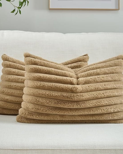 FUTEI Camel Throw Pillow Covers Set of 2, 12x20 Inch Striped Texture Lumbar Pillow Cases with Soft Faux Rabbit Fur Front & Velvet Back, Modern Decorative Couch Pillows for Living Room