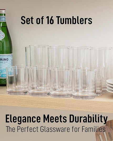 Zulay Kitchen Acrylic Plastic Glasses Drinkware - 16 Piece Unbreakable Drinking Glasses - BPA-Free, Reusable Plastic Tumblers for Home & Outdoors - Stackable, Lead-Free & Dishwasher Safe - (12&16oz)