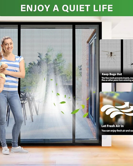 Magnetic Screen Door - Upgraded Heavy Duty PET Screen Door Mesh, Double Door Screen for French/Sliding Patio Door, Hands-Free Magnetic Closure, Fit Door Size 72" x 80" (Screen Size 74" x 82")