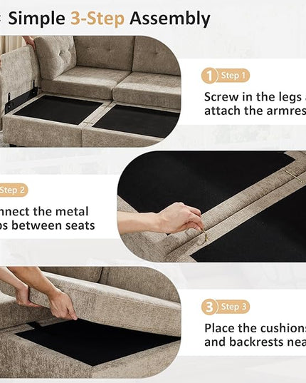 VANOMi 4 Seater Modular Cloud Sofa with 2 Ottomans, 118" Sectional Sofas & Couches for Living Room, Comfy Chenille Cloud Sectional Couch Sofas for Living Room, Apartment, Office, Camel, U Shaped