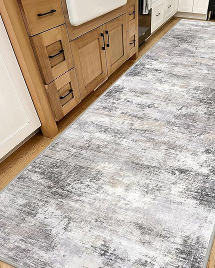 IOHOUZE Abstract Runner Rug 3x14 Ft Washable Runners for Hallways, Non Slip Kitchen Runner Printed Faux Wool Entryway Runner Indoor, Modern Abstract Floor Carpet for Hall Stair, Grey Beige