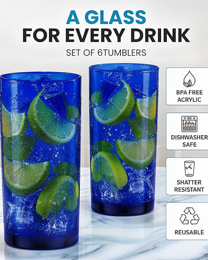 Zulay Kitchen Acrylic Plastic Glasses Drinkware - 6 Piece Unbreakable Plastic Tumblers - BPA-Free, Reusable Plastic Drinking Glasses for Home & Outdoors - Lead-Free & Dishwasher Safe - Dark Blue 24 oz