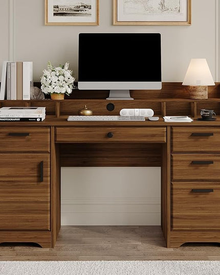 Executive Desk with File Drawers,Computer Desk with Storage,58 Inch Home Office Desk with Storage Cabinet for Bedroom, Rustic Brown