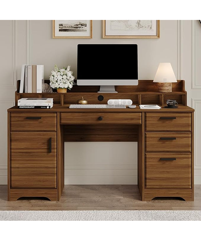 Executive Desk with File Drawers,Computer Desk with Storage,58 Inch Home Office Desk with Storage Cabinet for Bedroom, Rustic Brown