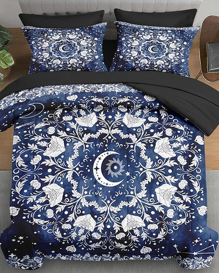 Comforter Set Full Size, Astrology Sun Moon 7 Pcs Bedding for Kids and Adults, Blue Starry Flower Bed Sheet Sets with Fitted Sheet 2 Pillowcases & 2 Shams for Bedroom Bed Decor