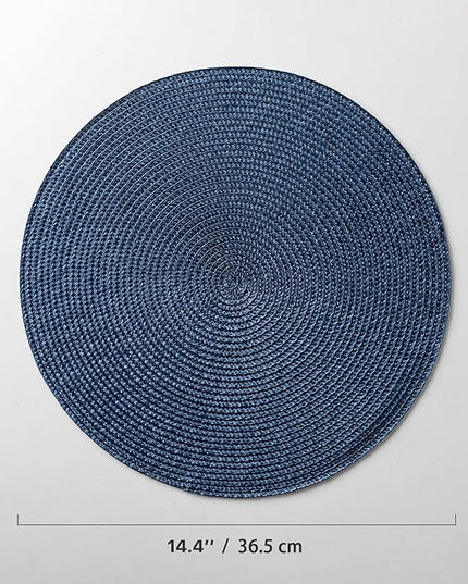 Round Placemats Set of 8 Plastic Woven Placemats Washable Wipeable Table Mats for Dining Table Heat Resistant Non-Slip Circle Place Mats (Navy Blue)