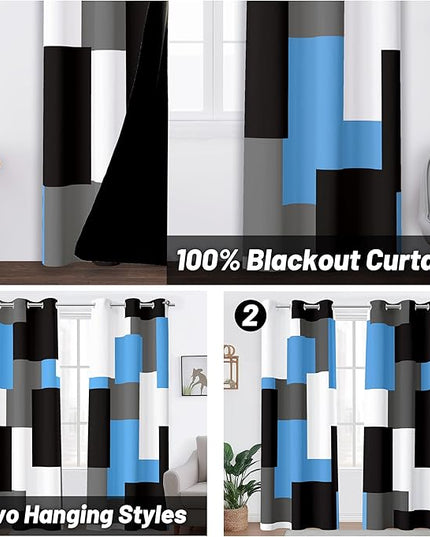 Light Blue 100% Blackout Curtains for Bedroom 72 inch Length 2 Panels Set Grey Modern Abstract Geometric Black Out Curtains Insulated Room Darkening Window Drapes for Living Room, 42Wx72L