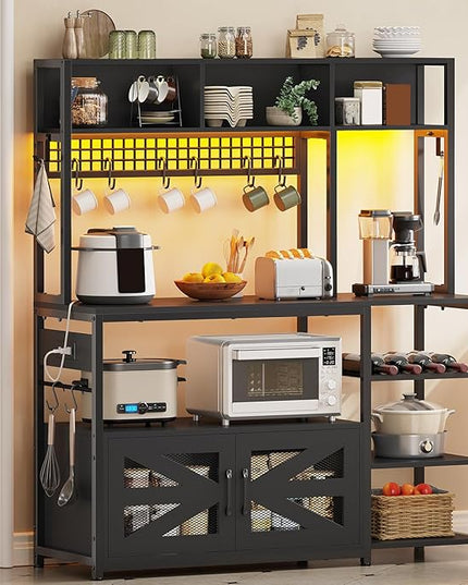 Itaar 47.2 Inch Bakers Rack with Power Outlet, Microwave Stand with Storage, Farmhouse Coffee Bar Cabinet Station with Wine Rack, Iron Mesh and 8-S Hooks (Black)