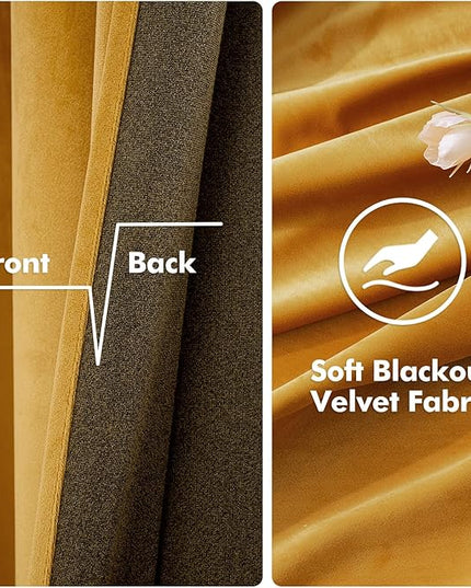 MIULEE 2 Panels Blackout Velvet Curtains Solid Soft Grommet Mustard Yellow Curtains Thermal Insulated Soundproof Room Darkening Black Out Drapes/Panels for Fall Living Room Bedroom 52 x 108 Inch
