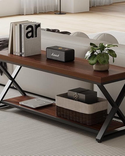 IBF Wood Entryway Bench Indoor, Industrial Wooden Metal Entry Shoe Storage Bench in Bedroom, Farmhouse Hallway Shoe Rack Bench Seating for Foyer Living Dining Room End of Bed, Walnut, 47 Inch