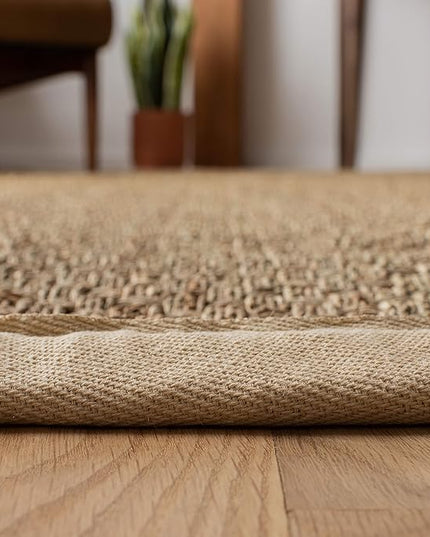 SAFAVIEH Area Rug 11' Square - Natural Fiber Collection - Large - Natural & Ivory, Seagrass, Basketweave Pattern with Border (NF114J)