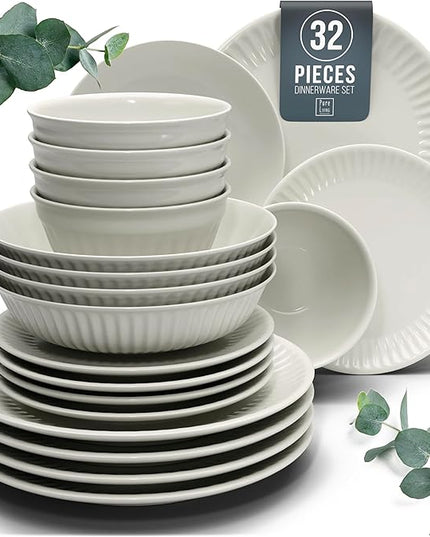 Stoneware Dinnerware Set for 8 People HYGGE 32-Piece - Elegant Scandi Design - Premium Dish Set - Bowl and Plate Set - Tableware for 8 People in a Ribbed Design - Pure Living in Beige