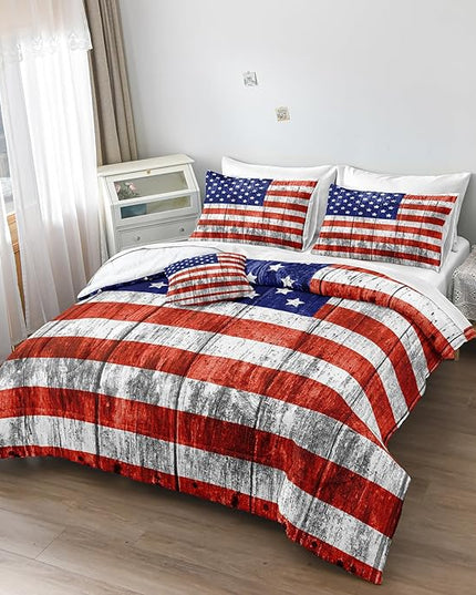 Merryword 8 Pcs Bed in a Bag USA Flag Comforter Set Queen Size American Flag Bedding Set Wooden Planks Bedding Comforter Set