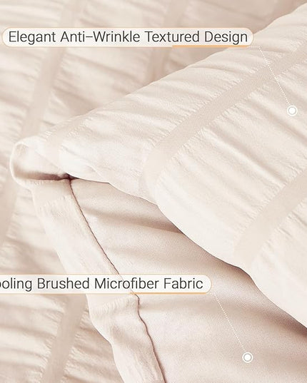MUXHOMO 7 Pieces Queen Comforter Set, Seersucker Bed in a Bag Queen Size, All Season Luxury Bedding Set with Comforter, Flat Sheet, Fitted Sheet, Pillowcases & Shams, Beige