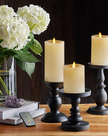 Luminara Realistic Flameless LED Set of 3 Ivory Pillar Candles, Home Safe Moving Flame Melted Top Illumination, Battery Operated Remote Control w/Timer