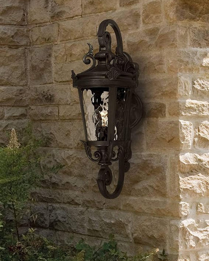 John Timberland Marseille Traditional Outdoor Wall Light Fixture Black Steel Scroll 19" Clear Hammered Glass Downbridge Arm for Exterior House Porch Patio Outside Deck Garage Front Door Home