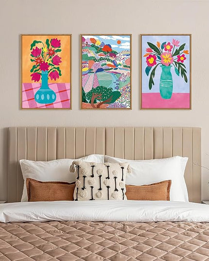 HOURIA Colorful Flower Field Landscape Framed Canvas Wall Art Set,Abstract Pink Floral Vase Wall Decor,Natural Botanical Tree Artwork,Modern Sunrise Art Prints for Living Room,Farmhouse-16 x24 x3