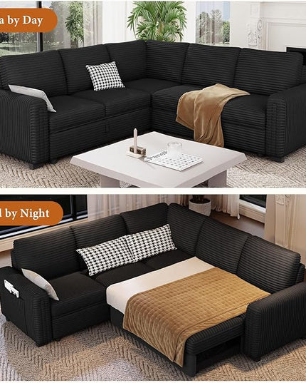 Vesgantti 88.4" Sectional Sleeper Sofa with Pull Out Bed, 5 Seater L Shaped Modular Sectional Couch with Storage, Comfy Corduroy Modular Couch for Living Room, Bedroom, Apartment, Black