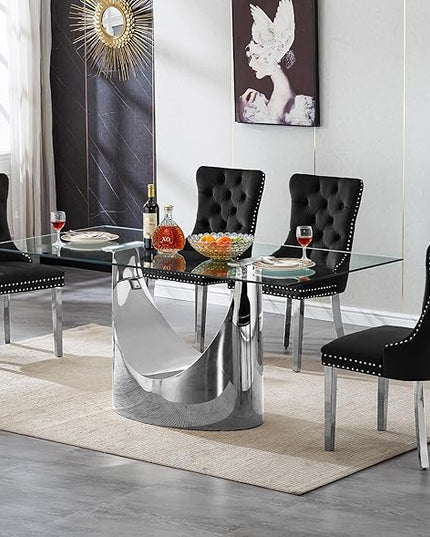 5 Piece Dining Table Set, Modern Glass Dining Table Set for 4 with Velvet Chairs, 70" Luxury Dining Table Chairs Set of 4, Kitchen Dining Room Sets for Dinner Dinette Breakfast Banquet, Black+Silver