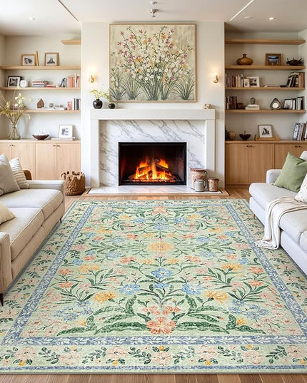 Wonnitar 10x14 Machine Washable Area Rugs, Green Floral Large Rugs for Living Room, Ultra-Thin Foldable Boho Flower Print Bedroom Carpet for Dorm Apartment Office