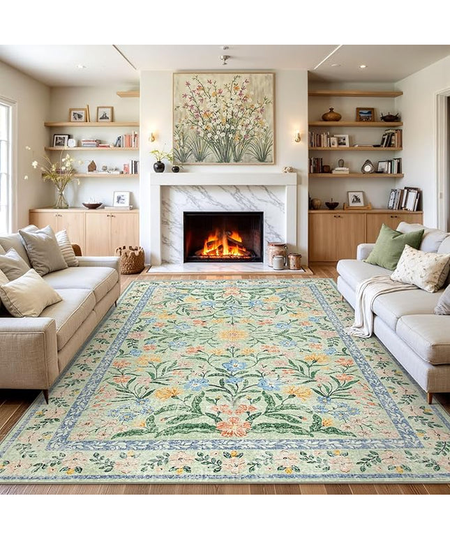 Wonnitar 10x14 Machine Washable Area Rugs, Green Floral Large Rugs for Living Room, Ultra-Thin Foldable Boho Flower Print Bedroom Carpet for Dorm Apartment Office