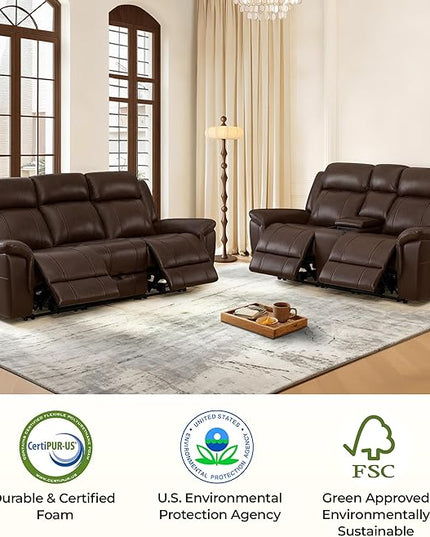 CHITA Genuine Leather Power Recliner Sofa, Wall Hugger Reclining Sofa with Drop Down Table, Console, Power Headrest, Drawers, Charging Ports, Reclining Sectional Couch for Living Room, RV, Dark Brown