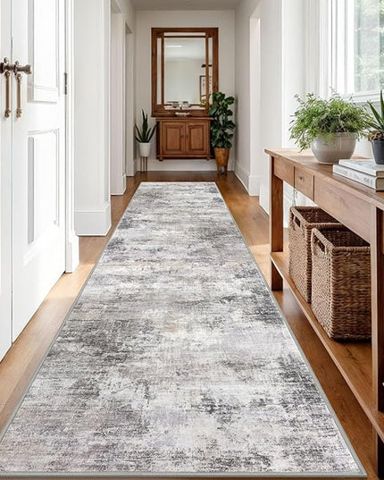 IOHOUZE Abstract Runner Rug 3x12 Ft Washable Runners for Hallways, Non Slip Kitchen Runner Printed Faux Wool Entryway Runner Indoor, Modern Abstract Floor Carpet for Hall Kitchen, Grey Beige