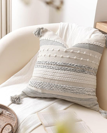 BlissBlush Gray Boho Decorative Throw Pillow Cover 22x22 Square Farmhouse Accent Cushion for Couch Sofa Livingroom Bedroom Pillowcase Modern Home Décor (Pack of 1)