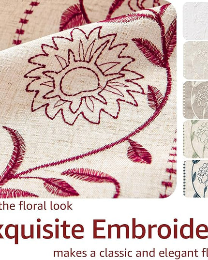 jinchan Winslow Linen Curtains for Bedroom 63 Inches Length Embroidered Bordered Floral Curtains for Living Room Farmhouse Decor Light Filtering Window Treatments Red on Beige Drapes 2 Panels
