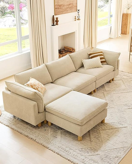 CHITA 127" Super Large Sectional Couches for Living Room, Modular Cloud Couch Sectional Sofa, Premium Fabric Couches, Down Filled, High Density Foam, Chenille in Beige, 4 Seat L Shaped