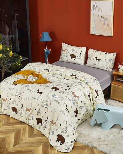 CLOTHKNOW Yellow Bear Queen Comforter Set 3Pcs Kids Bedding Comforter Sets Cute Animal Fox Woodland Forest Comforter with 2 x Pillow Cases