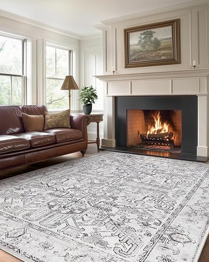 jinchan Lima 8x10 Machine Washable Area Rugs for Living Room - Vintage Floral Stain Resistant Low Pile Ultra-Thin Non Slip Accent Rug for Bedroom Kitchen Dining Room Home Office (8x10ft, Grey)