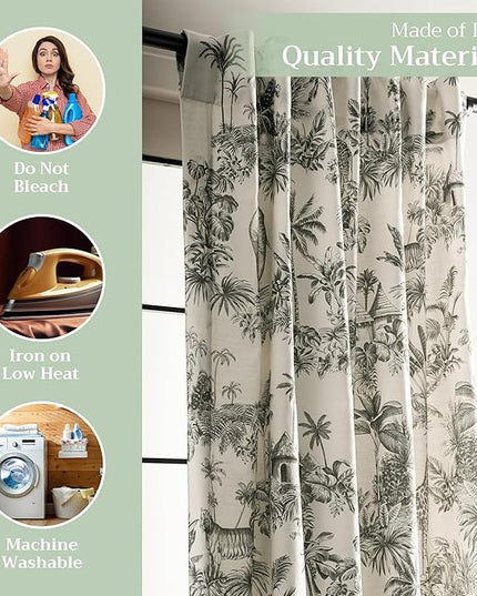 Maison d' Hermine Curtains for living room 100% Cotton 124 inch length One Panel Light Filtering Toile Curtains for Bedroom Windows with rod and loop Pockets Drapes (Savana Jouy Beige, 50"W x 124"L)