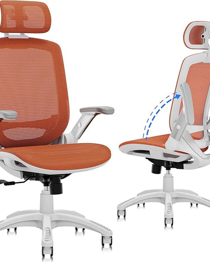 GABRYLLY Ergonomic Office Chair, High Back Home Desk Chair with Headrest, Flip-Up Arms, 90-120° Tilt Lock and Wide Cushion, 400LBS Mesh Chairs for Man Woman, White Task Chair(Orange,GY01WOR)
