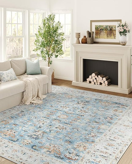 jinchan Area Rug 8x10 Living Room Rug - Washable Vintage Large Boho Floral Floor Cover Lightweight Low Pile Thin Non-Slip Retro Distressed Carpet for Bedroom Dining Room Kitchen Office Light Blue