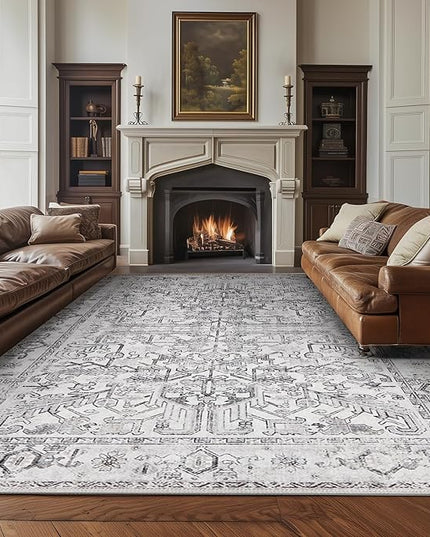 jinchan Lima Living Room Area Rugs 10x12 - Low Pile Washable Stain Resistant Vintage Large Boho Rug Ultra-Thin Non Slip Floral Print Distressed Carpet for Bedroom Dining Room Farmhouse (10x12ft, Grey)