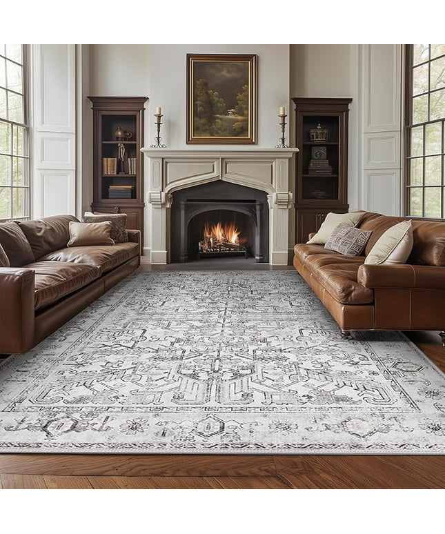 jinchan Lima 8x10 Machine Washable Area Rugs for Living Room - Vintage Floral Stain Resistant Low Pile Ultra-Thin Non Slip Accent Rug for Bedroom Kitchen Dining Room Home Office (8x10ft, Grey)