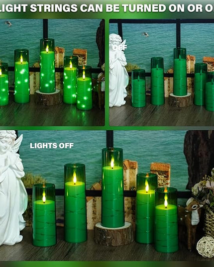 Flickering Flameless LED Candles,Battery Operated Candles 9 Pcs with Embedded Star String,Acrylic LED Pillar Candles with Remote,Suitable for Home Decoration to Create an Atmosphere (Green)