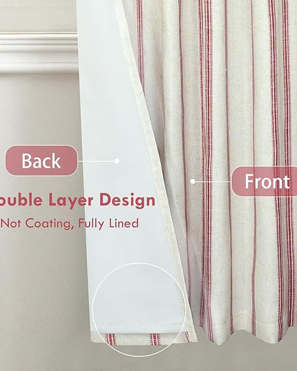 DriftAway Farmhouse Linen Blend Blackout Curtains 63 Inches Long for Bedroom Vertical Striped Printed Linen Curtains Thermal Insulated Lined Treatments for Living Room 2 Panels W52 x L63 Linen Red
