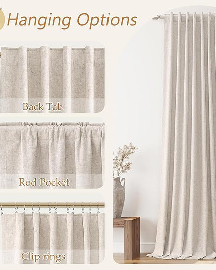Guken Oatmeal Linen Blackout Curtains 108 Inch Length 2 Panels Set for Living Room Bedroom Back Tab Thermal Insulated 100% Black Out Linen Drapes Room Darkening Window Curtains 108 Inches Long