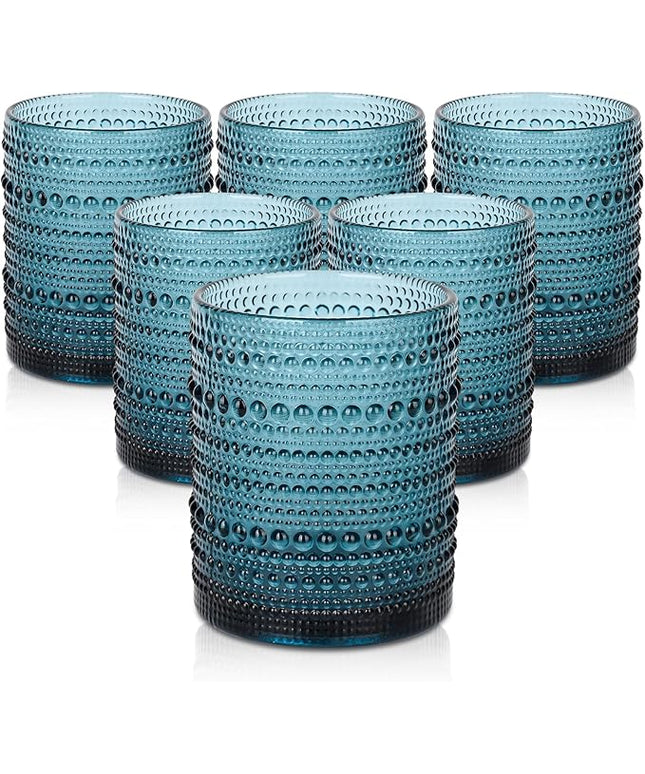 Vintage Glassware Drinking Glasses Set of 6,12 oz Hobnail Glass Cups,Embossed Blue Water Tumbler,for Beer,Cocktail,Whiskey,Juice and Various Mixed Drinks- 1 Cleaning Brush