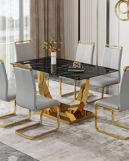 63” Dining Room Table Set for 6,Gold Rectangle Kitchen Table Set with PU Leather Chairs,Black Faux Marble Tempered Glass Top and Golden Base