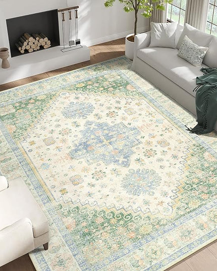 MUJOO 9x12 Area Rug,Washable Rugs for Living Room Bedroom Dining Room,Boho Large Non Slip Throw Carpet Indoor,Low Pile Light Green and Blue