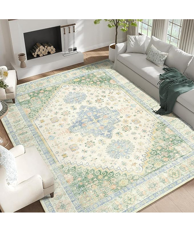 MUJOO 9x12 Area Rug,Washable Rugs for Living Room Bedroom Dining Room,Boho Large Non Slip Throw Carpet Indoor,Low Pile Light Green and Blue