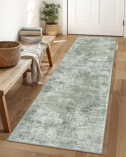 IOHOUZE Abstract Runner Rug 2x6 Ft Washable Runners for Hallways, Non Slip Kitchen Runner Printed Faux Wool Entryway Runner Indoor, Modern Abstract Floor Carpet for Hall Kitchen Bedroom, Sage Green