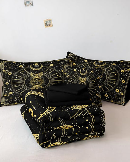 Bedbay Sun Moon Comforter Set 8 Pcs Black and Gold Trippy Galaxy Bedding Set Queen Bed in a Bag Constellation Horoscope Bedding Bed Set Cosmos Celestial Decor Quilted Duvet Insert(Gold,Queen)