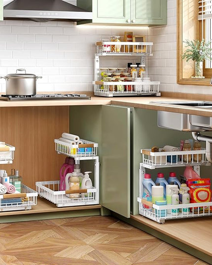 Under Sink Organizer, 2 Packs 2 Tier Under Sink Organizers and Storage, Slide out Pull out Cabinet Organizer Shelf, Metal Sliding Drawer for Kitchen Bathroom Pantry Closet Rack(White)
