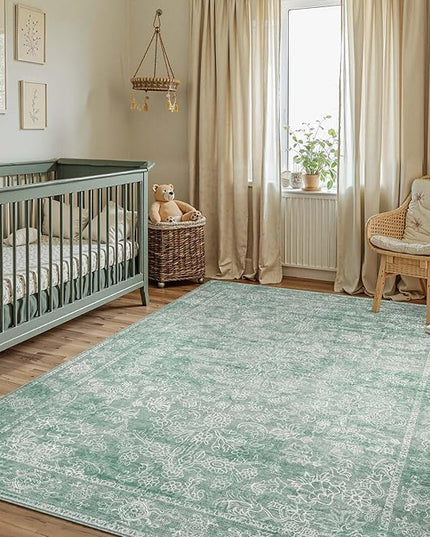 jinchan 5x7 Green Area Rugs for Living Room – Machine Washable Vintage Floral Soft Stain Resistant Low Pile Rug, Non Slip Ultra-Thin Carpet for Bedroom, Dining Room Home Office Nursery (5'x7', Green)